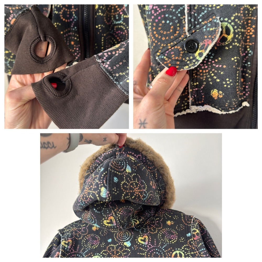 Self Esteem Y2K Black Sherpa Hoodie Womens L Rainbow Peace Heart Faux Fur Zip Up - Picture 5 of 16